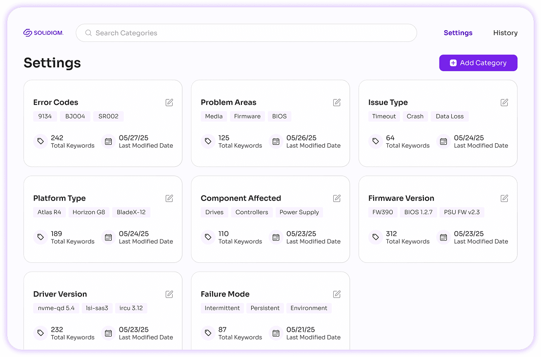 Solidigm AI Settings Dashboard showing metadata categories and keyword management