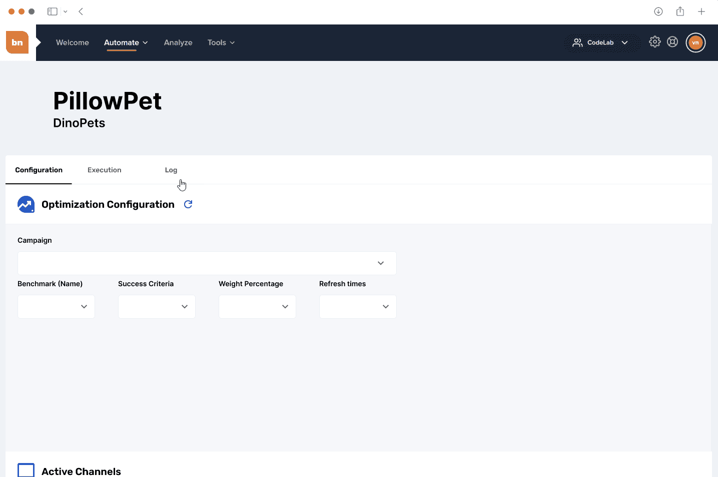 Brand Networks optimization configuration page with campaign, benchmark, weight, schedule, and active-channel controls