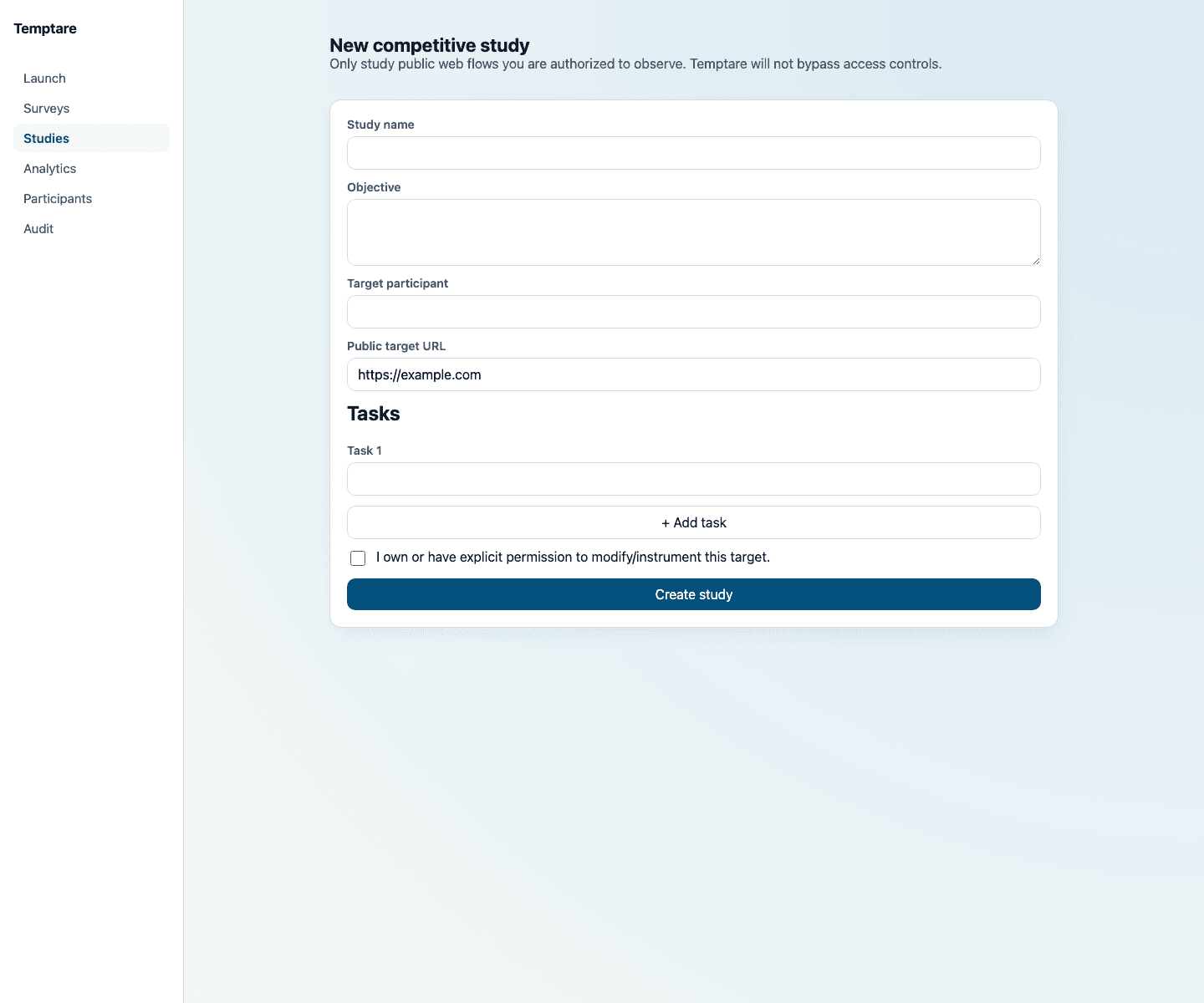 Temptare new competitive study form with objective, participant, target URL, task, and authorization controls