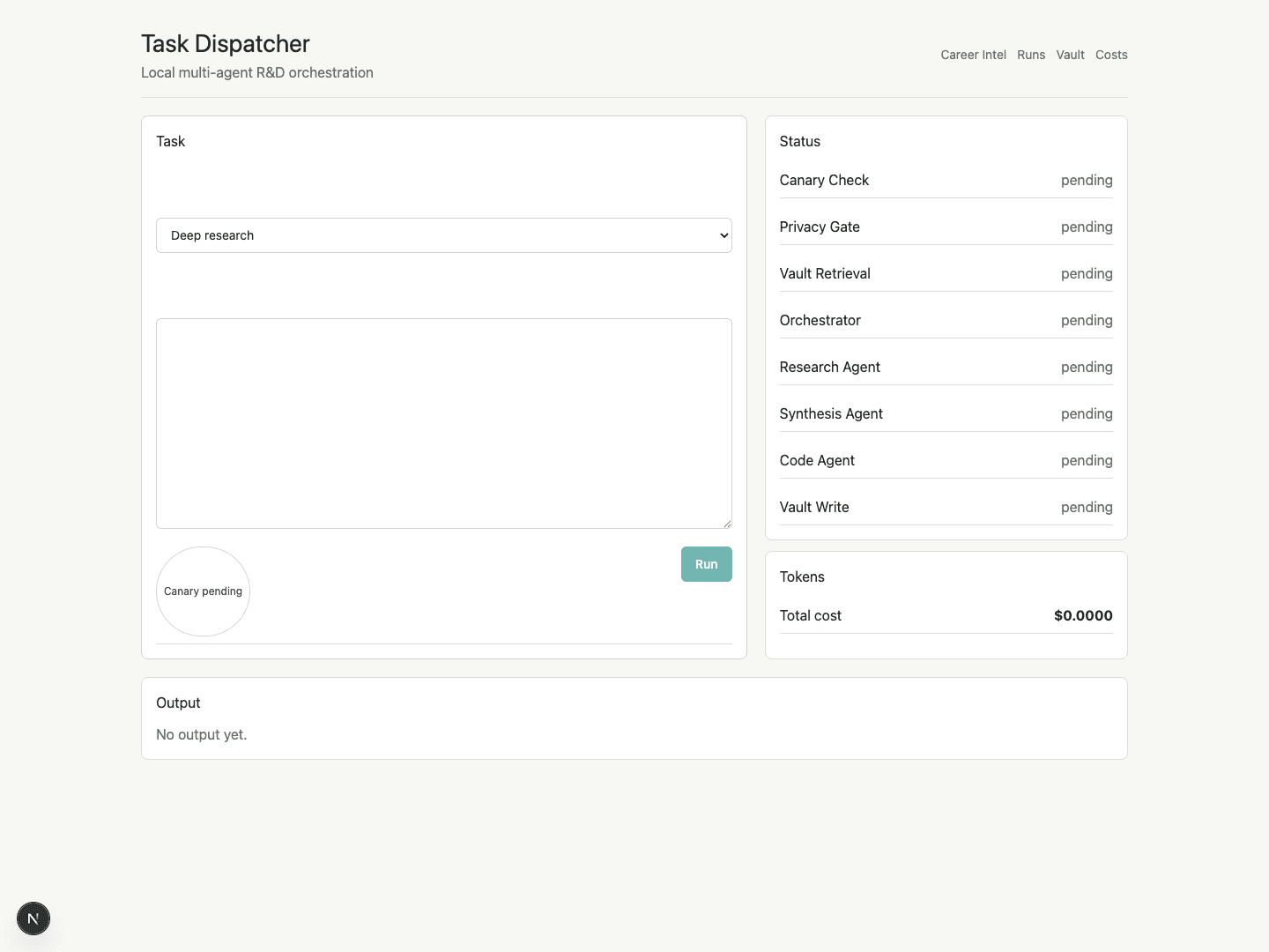 Agentic Playground task dispatcher with workflow selection, status stages, token cost, and output panels