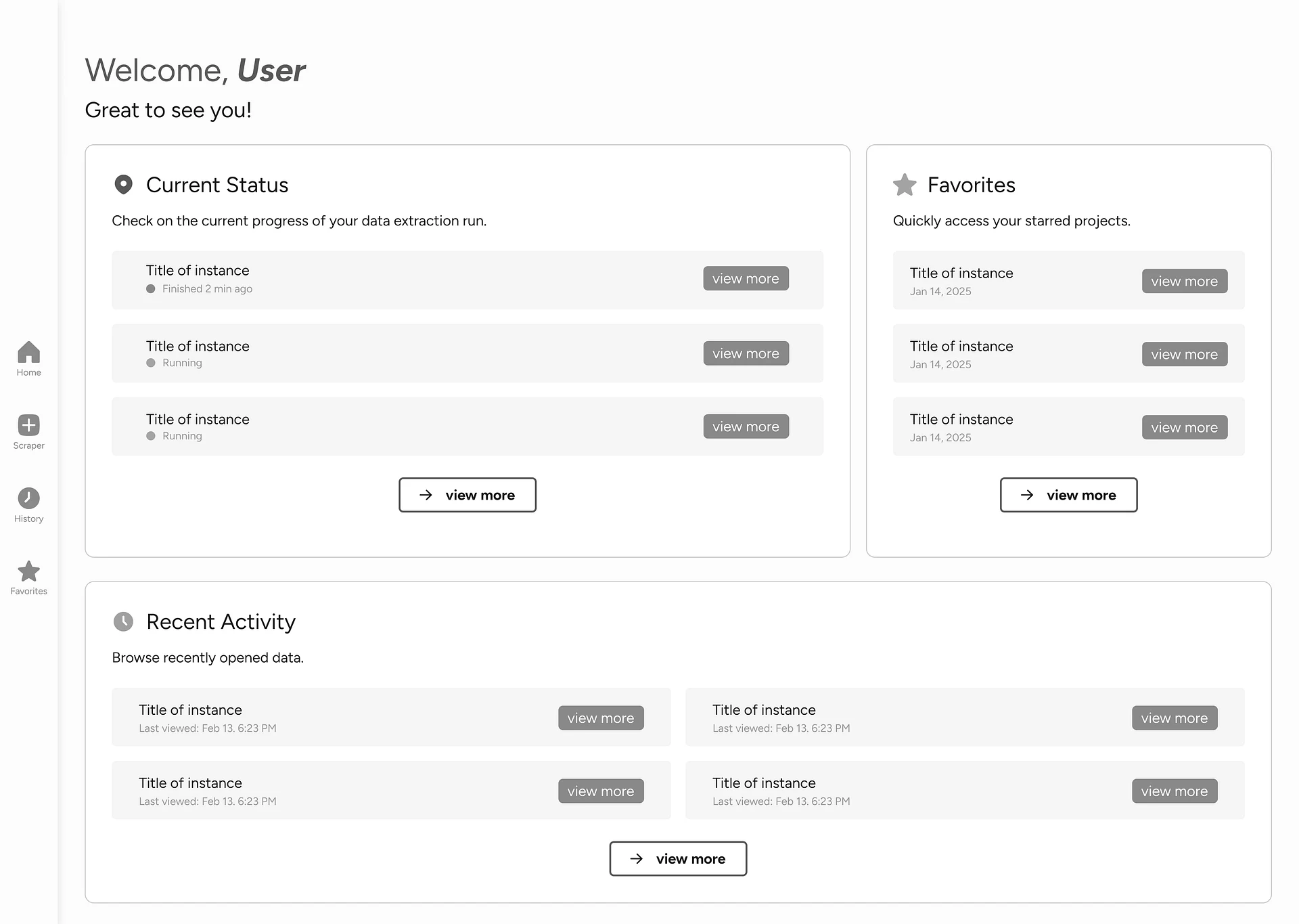Home dashboard with running jobs, favorites, and recent research activity