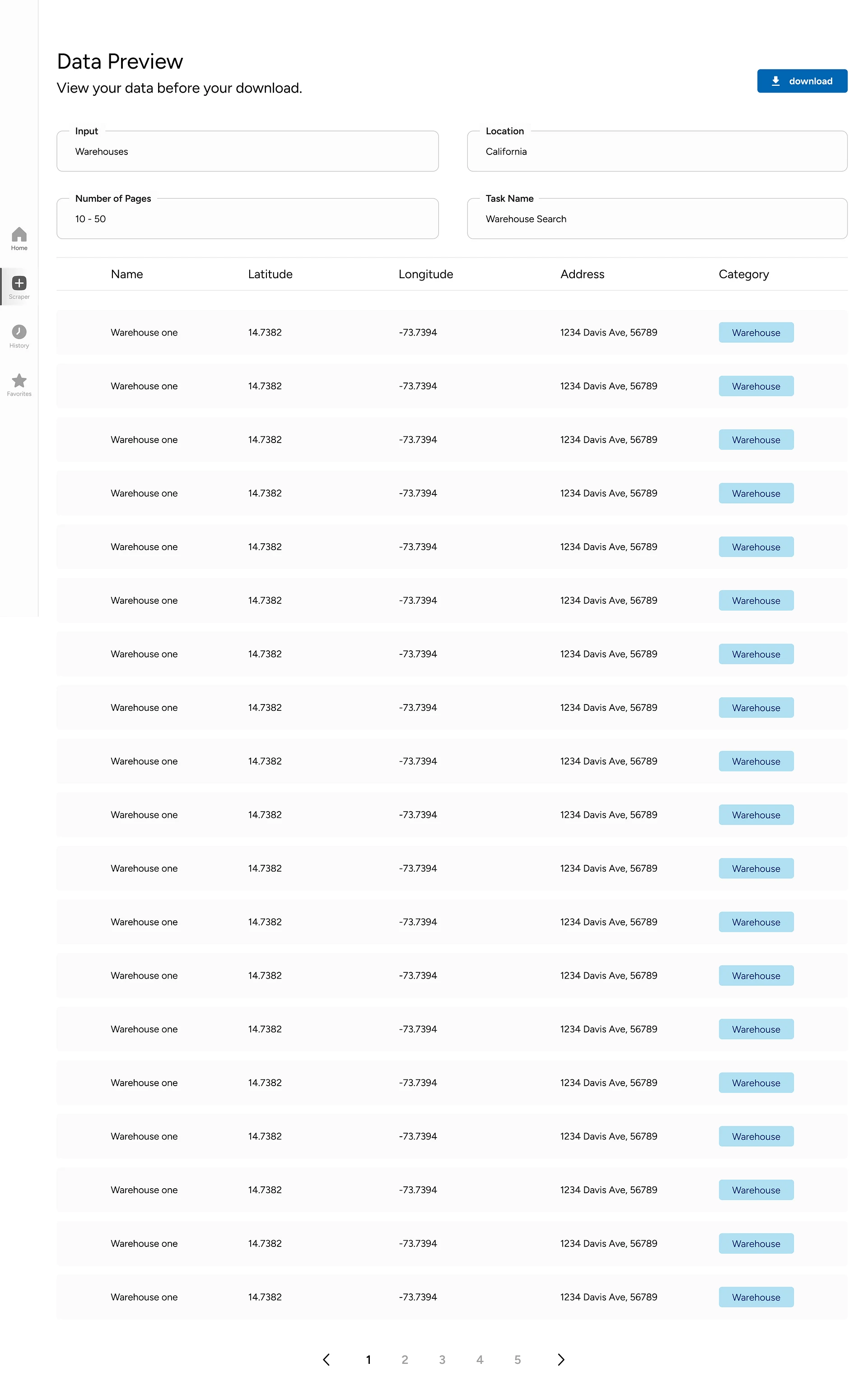 Spreadsheet-style preview of business names, coordinates, addresses, and categories before download