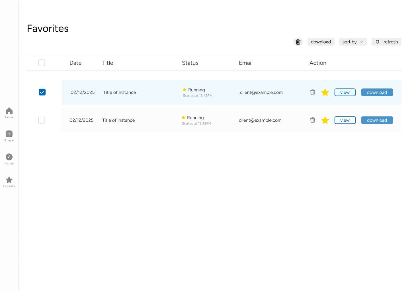 Favorite research jobs with names, status, dates, and row-level preview and download actions
