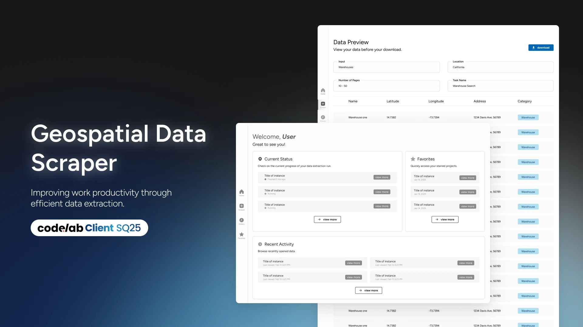 Geospatial research application showing a job dashboard and tabular location-data preview
