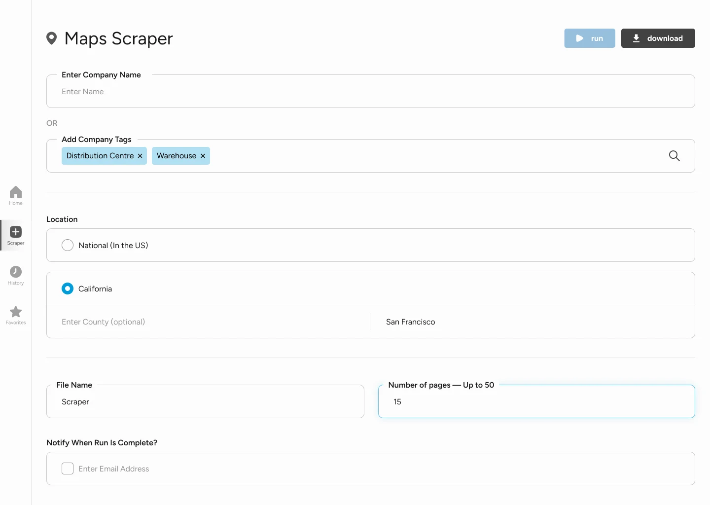 Scraper configuration with company or business-type search, geographic scope, and export options