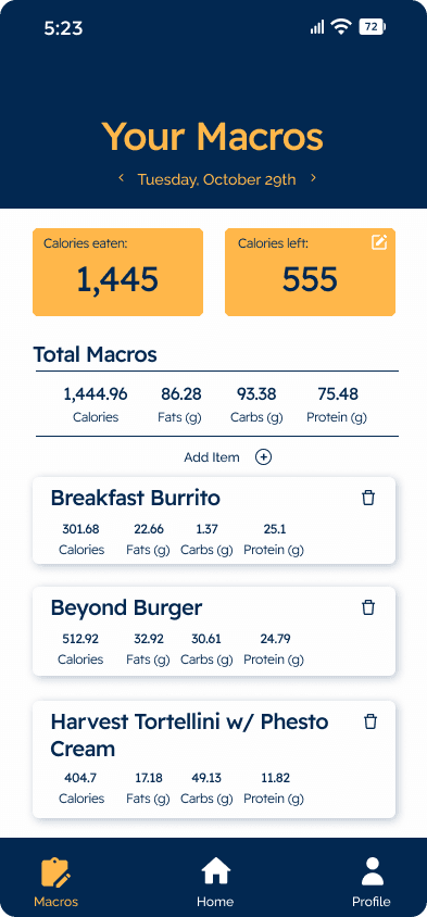 DC Menu App macro tracker with calories remaining and item-level nutrition totals