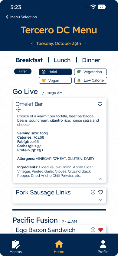 DC Menu App dining menu with meal tabs, dietary filters, time windows, nutrition facts, allergens, ingredients, and favorite controls