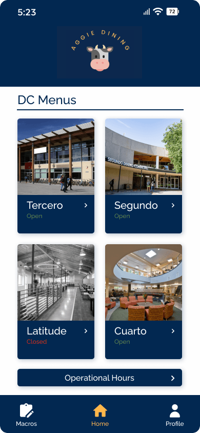 DC Menu App home screen showing the four UC Davis dining commons and their open or closed status