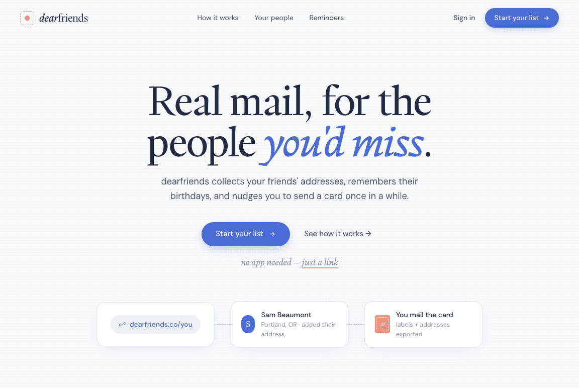 Dear Friends landing page showing a link, an illustrative contact, and an exported card workflow