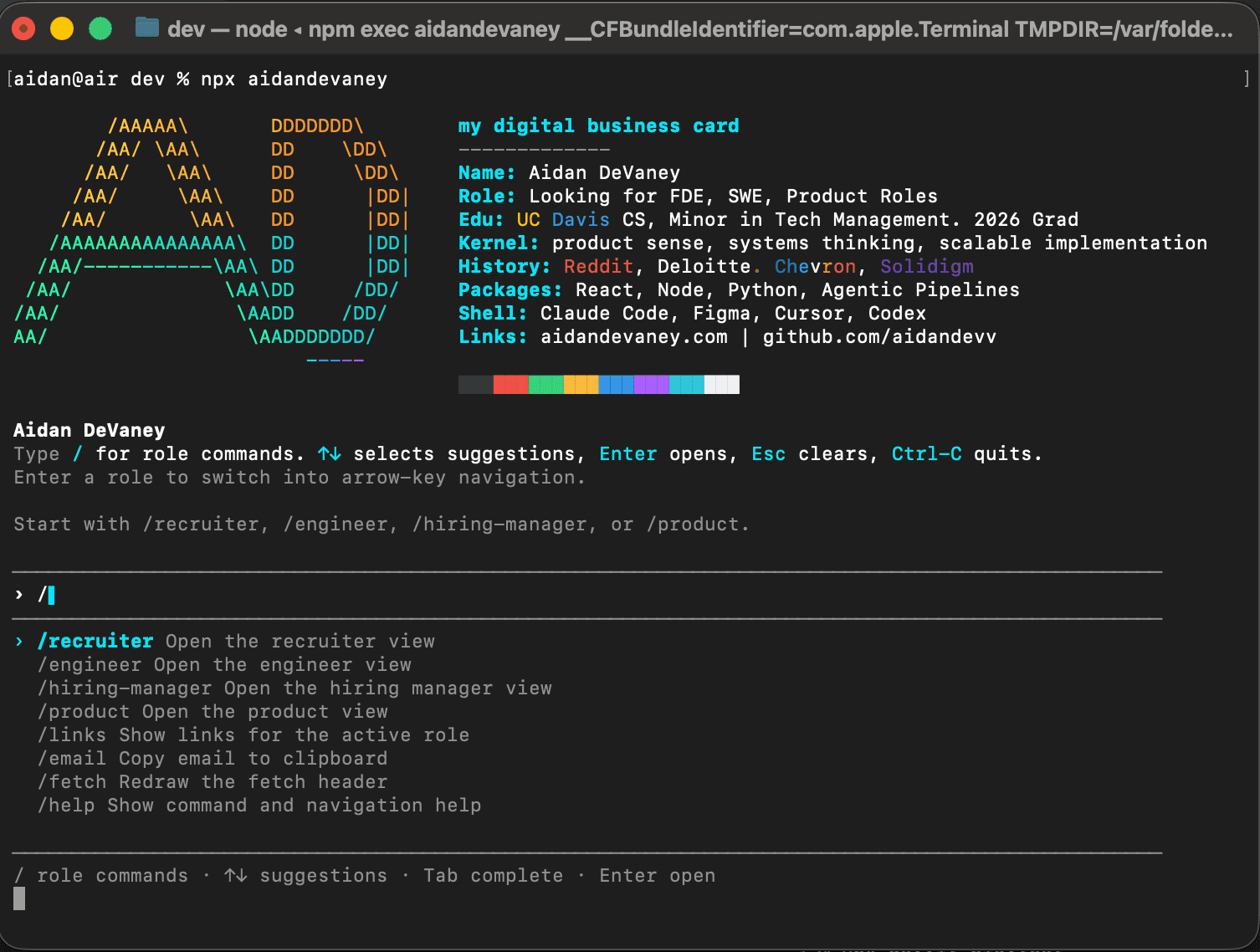 The aidandevaney terminal profile showing slash-command autocomplete