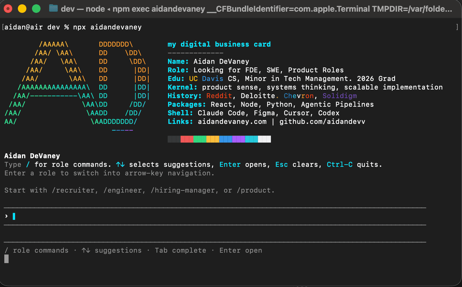 The aidandevaney terminal profile home screen with ASCII initials and a slash-command prompt