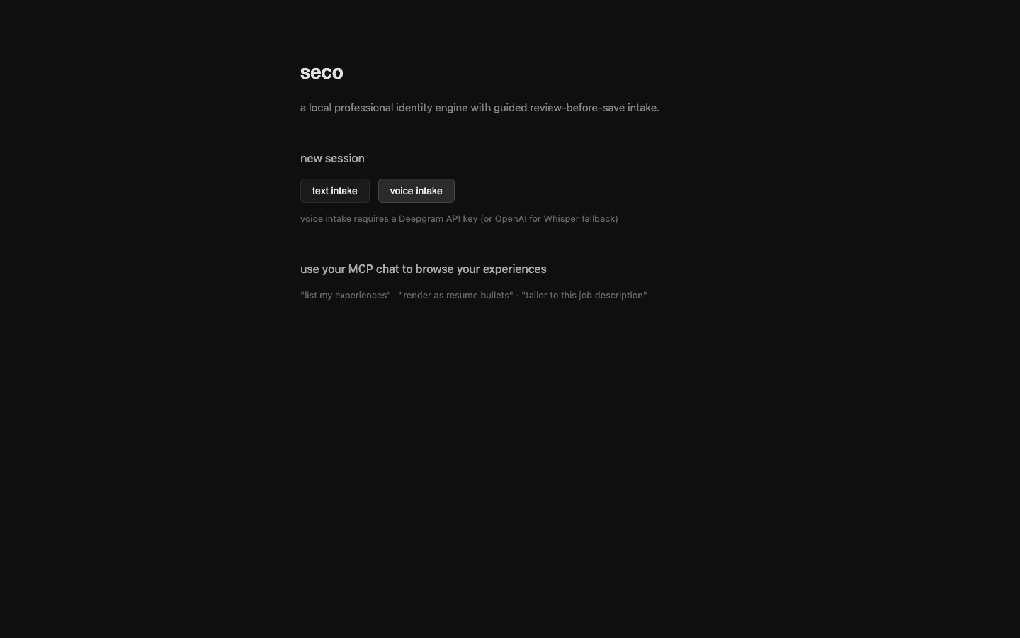 seco localhost home screen offering text and voice intake