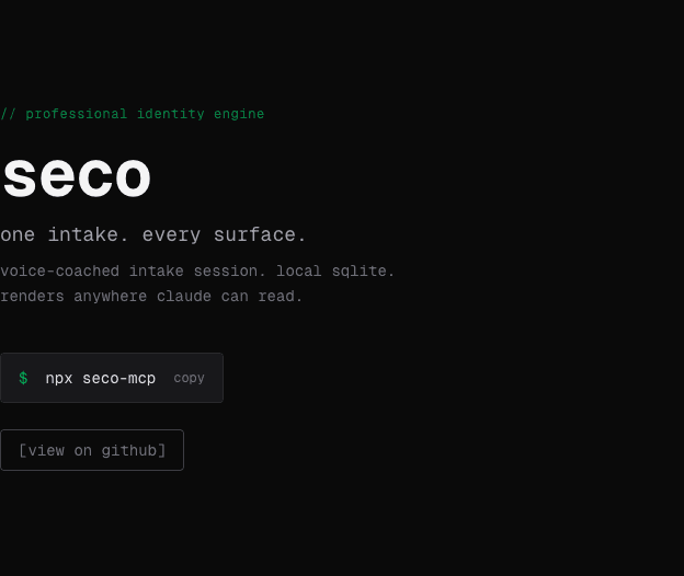 seco launch page hero with its one intake, every surface positioning and npm install command