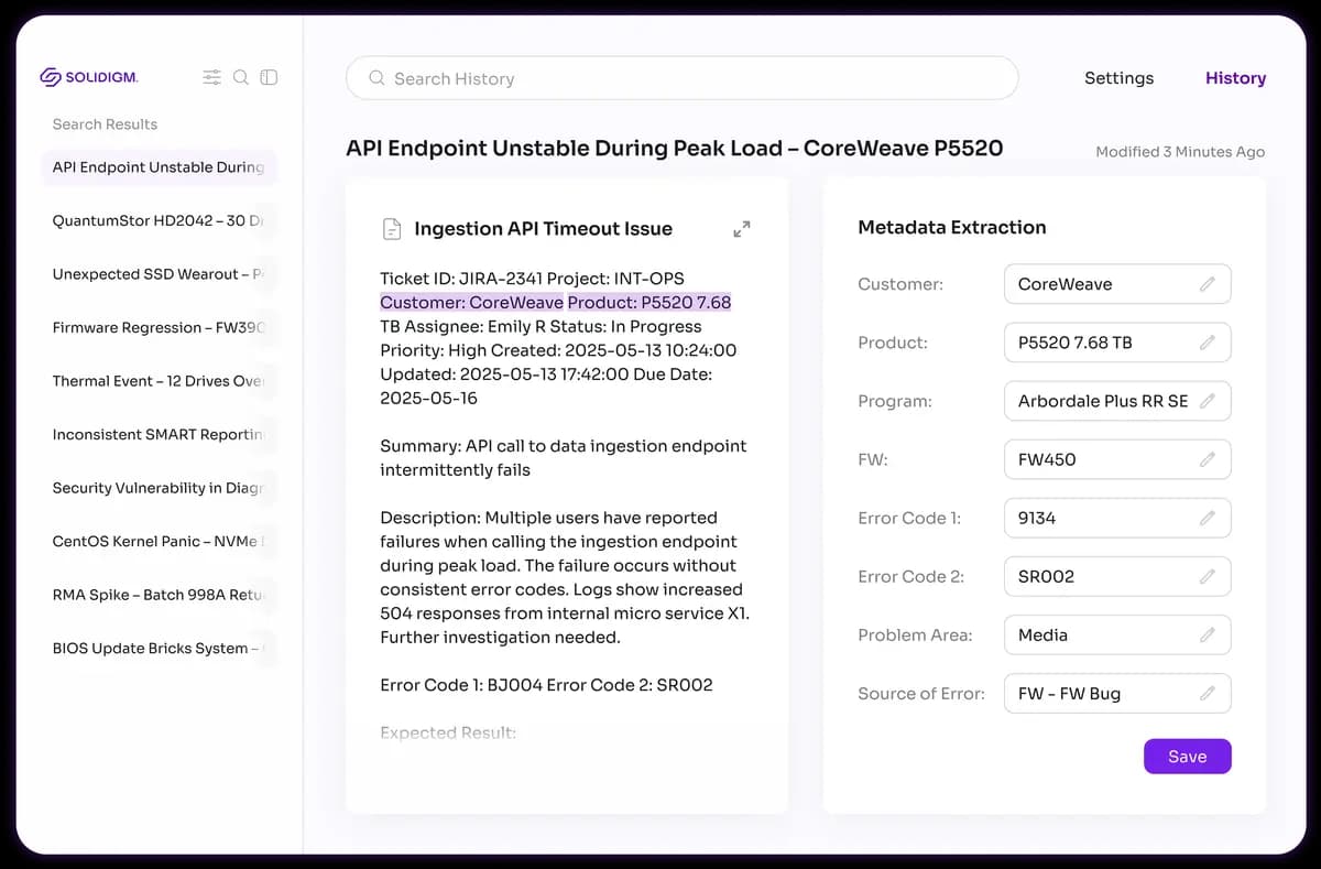 Solidigm extraction review with searchable ticket history, source content, and editable metadata side by side
