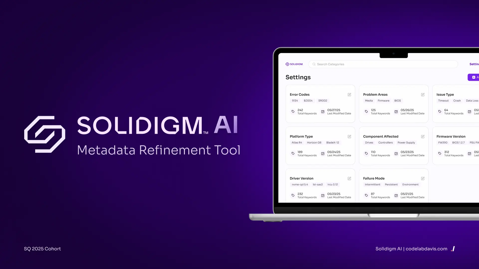 Solidigm AI metadata refinement tool with the settings dashboard shown on a laptop