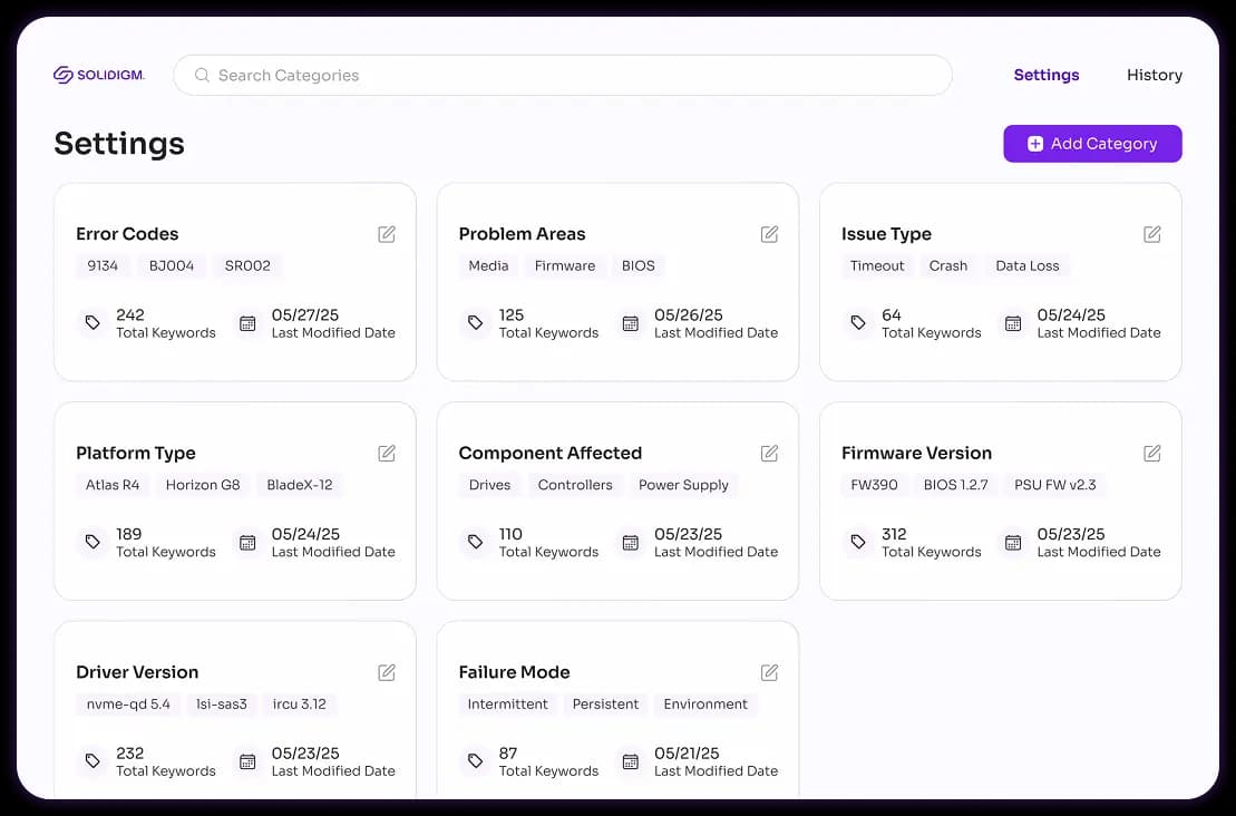 Solidigm settings dashboard with editable metadata categories and keyword counts