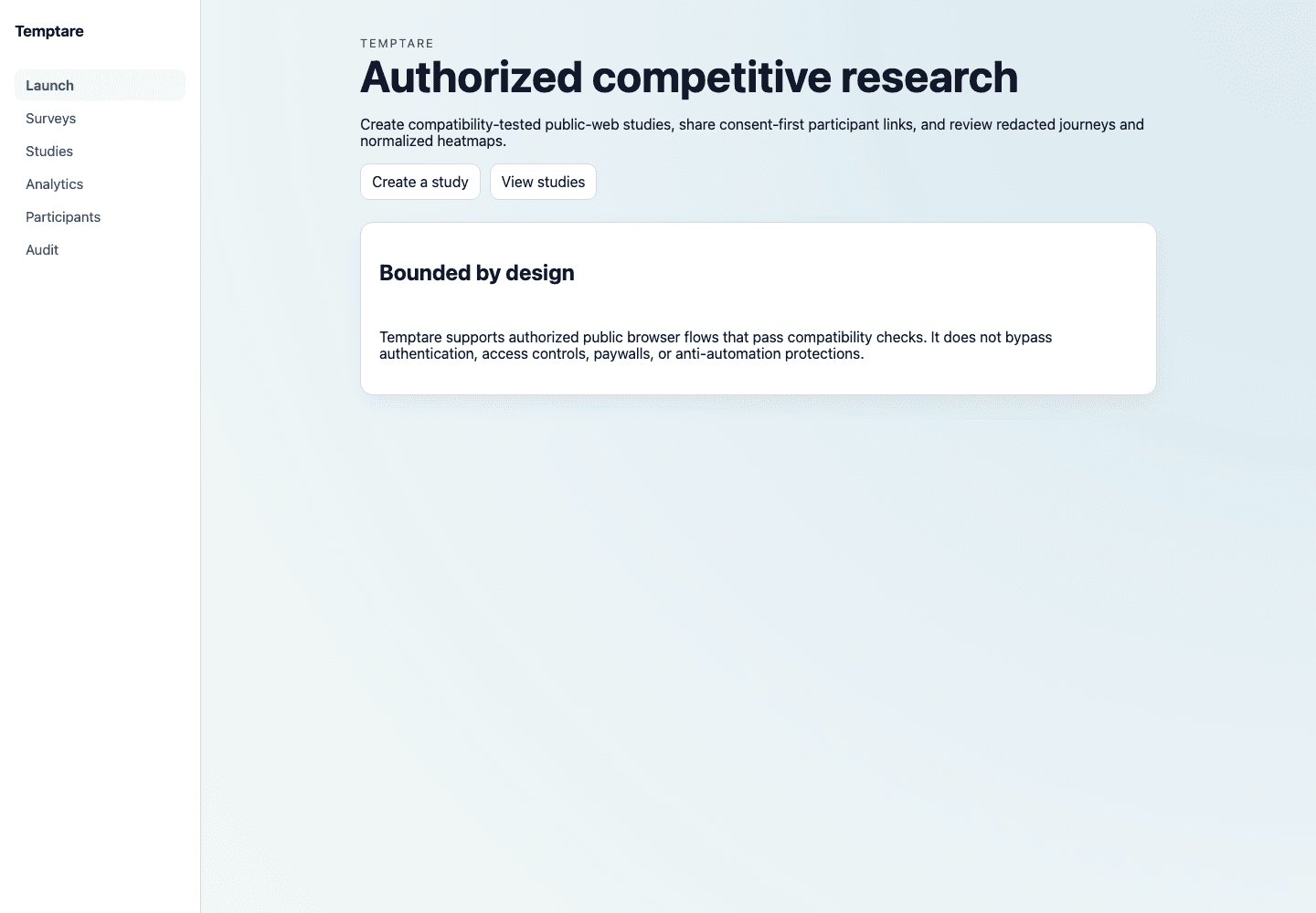 Temptare home screen describing authorized competitive research and its bounded target policy